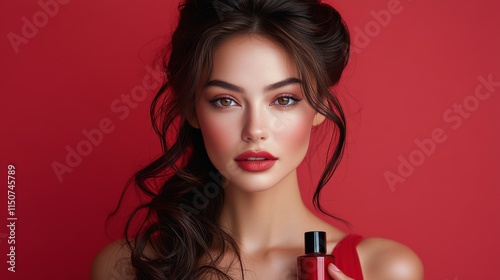 Model showcases vibrant makeup against a bold red background in studio setting