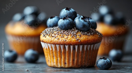Fresh blueberry muffins topped with berries and chia seeds on a dark background