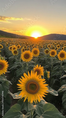 Sunflowers blooming in a vibrant field during golden hour at sunset