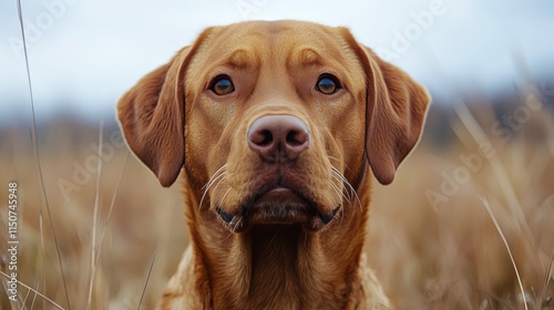 Brown dog peeking through tall grass in a serene outdoor setting during overc...