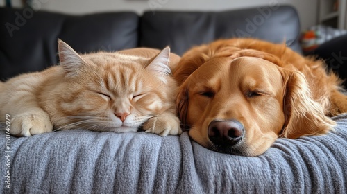 Cats and dogs peacefully sleeping together on a cozy blanket