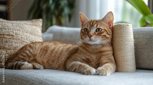 Cat relaxing on a gray couch with sunlight filtering through plants in a cozy...