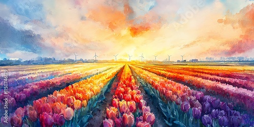 Watercolor painting of a tulip field landscape at sunset, dutch countryside, windmills in distance, ethereal light effect