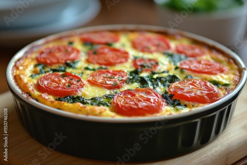 Savory baked dish topped with fresh herbs on a rustic wooden board during day...