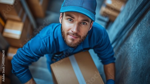 Delivery service worker sorting packages in a warehouse during daylight hours