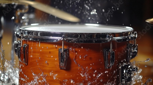 Water splashes dramatically over a wooden drum during a dynamic music perform...