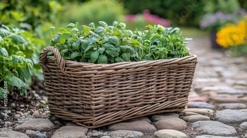 Fresh herbs in a wicker basket on cobblestone path surrounded by colorful flo...