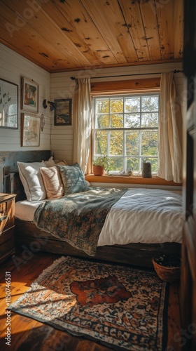 Cozy bedroom with wooden architecture and natural light in a cabin setting du...
