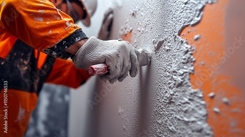 Construction worker focused on tasks in urban workshop during daylight