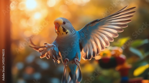 Sunlit room with bird flying among houseplants at dawn