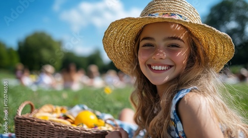 Joyful girl enjoying a sunny picnic with a basket of fruits on a grassy field