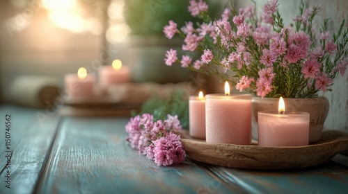 Relaxing atmosphere with candles and flowers in a cozy setting during the eve...
