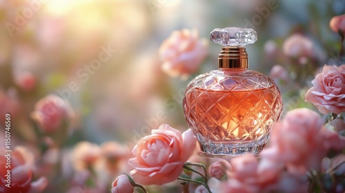 Elegant perfume bottle surrounded by blooming flowers in soft natural light