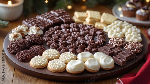 Delicious assorted holiday cookies on a wooden platter with festive decorations