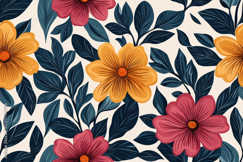 Elegant floral seamless pattern with vibrant blossoms and dark leaves