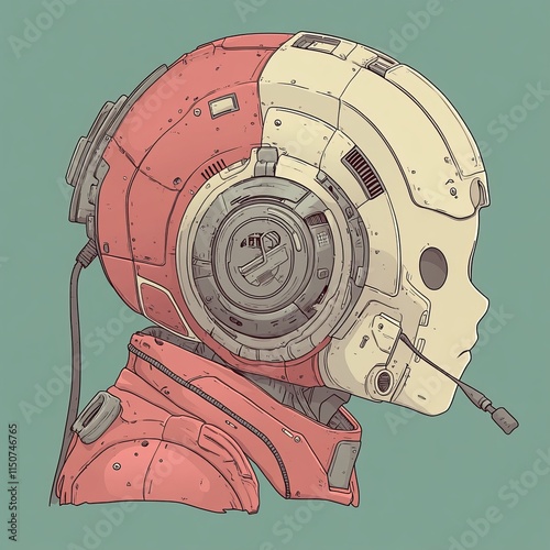 A surreal, hand-drawn digital image of a cyborg head encased in a terrifying, futuristic mask with teeth. This artwork blends vintage sci-fi aesthetics with a creative soldier theme, showcasing a photo