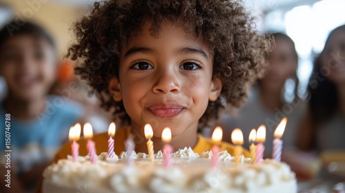 Young girl celebrating her birthday with cake and friends at a cozy gathering...