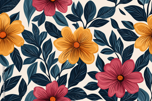 Wallpaper Mural Elegant floral seamless pattern with vibrant blossoms and dark leaves Torontodigital.ca
