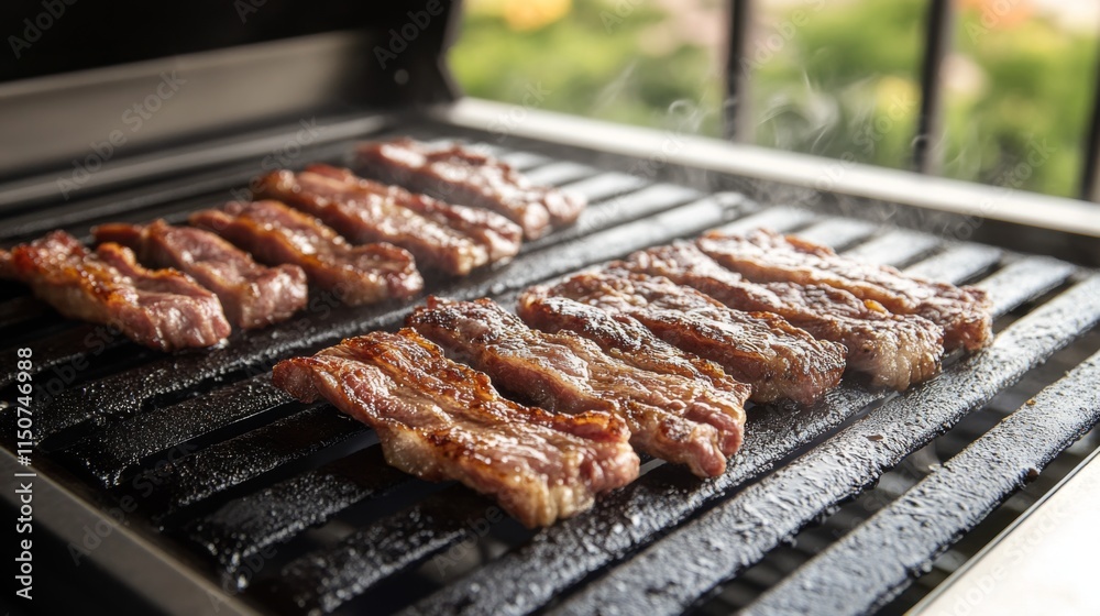 Grilling Delicious Slices of Meat on a Sizzling Outdoor Grill