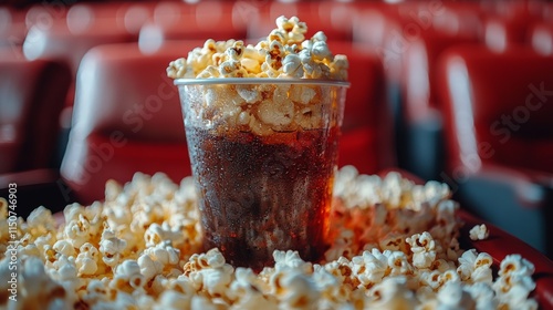 Popcorn in a vintage cinema setting during a movie screening at night