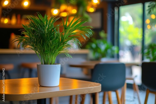 Decorative indoor plant placed on a wooden table in a cozy cafe environment w...