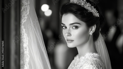 Bride in elegant veil captured during wedding ceremony with soft lighting in ...