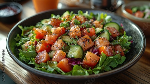 Fresh garden salad with cherry tomatoes and cucumbers served in a black bowl