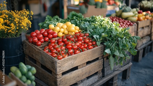 Vibrant display of fresh fruits and flowers in a rustic market setting