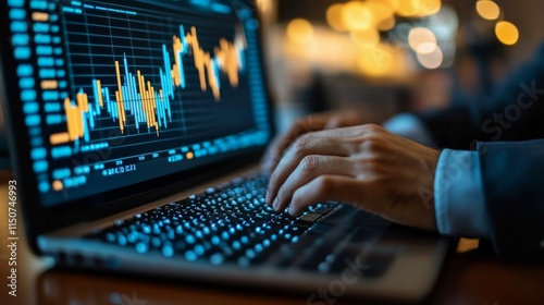 Analysis of stock market trends on a laptop during the evening hours in a coz...