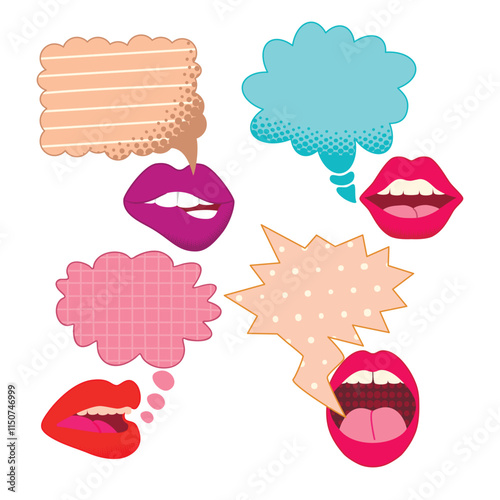 Female talking lips and speech bubbles.Cartoon designs with bright  elements and empty space for text.Social media communication.Retro style stickers set.White background.Vector flat illustration.