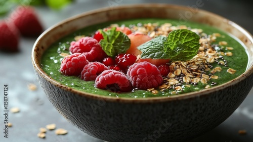 Healthy green smoothie bowl topped with fresh fruit and granola for a nutriti...