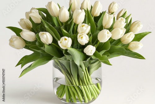 Elegant bouquet of white tulips in a clear glass vase showcasing natural beauty