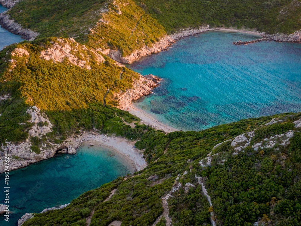 Aerial view of Porto Timoni beach in Corfu, Greece. Aerial view of Porto Timoni beach in Corfu, Greece.