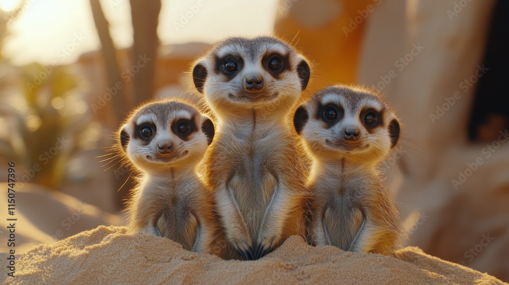 Fototapeta premium Three playful meerkats interacting in a sunny desert setting with rocky terrain