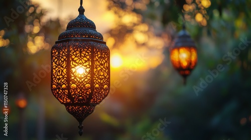 Lantern glowing in twilight with intricate patterns surrounded by lush greene...