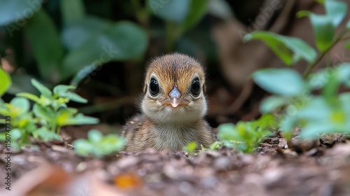Tiny bird chick peeks through lush green foliage in a serene natural setting