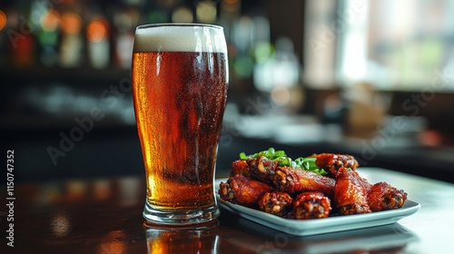 Enjoying craft beer with delicious chicken wings at a cozy pub in the evening
