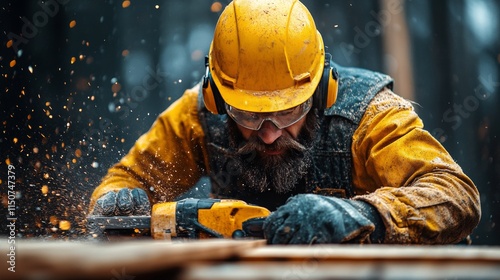 Skilled worker using power tool to refine wooden floorboards at construction ...