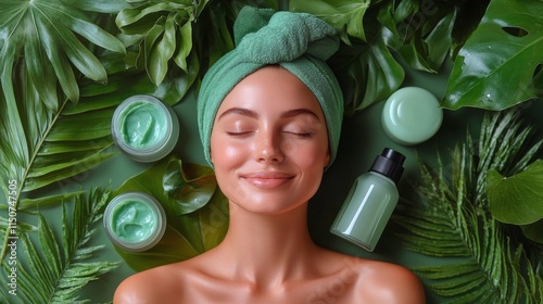Natural skincare products displayed with green plants and towels in a serene ...