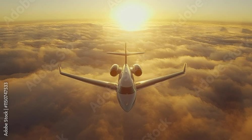 Luxury private jet flying above evening clouds under a golden sunset sky  
Seamless looping 4k time-lapse virtual video animation Generated AI