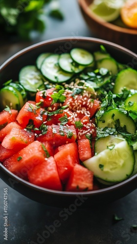 Refreshing fruit bowl with watermelon, mango, cucumber, and herbs on dark sur...