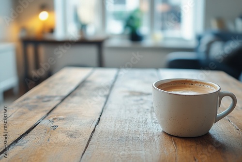 Warm cup of coffee on rustic wooden table in cozy indoor setting