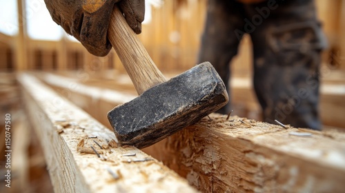 Construction workers hammering wooden planks at a building site during a rain...