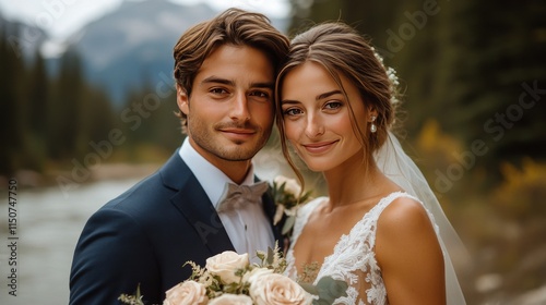 Scenic outdoor wedding ceremony with stunning mountain backdrop and vibrant f...