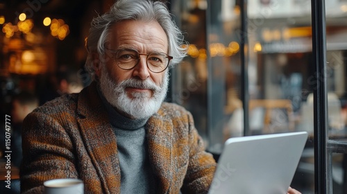 Elderly man working on laptop in a cozy cafe during winter afternoon