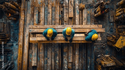 Construction workers collaborating on wooden beams at a worksite during daytime