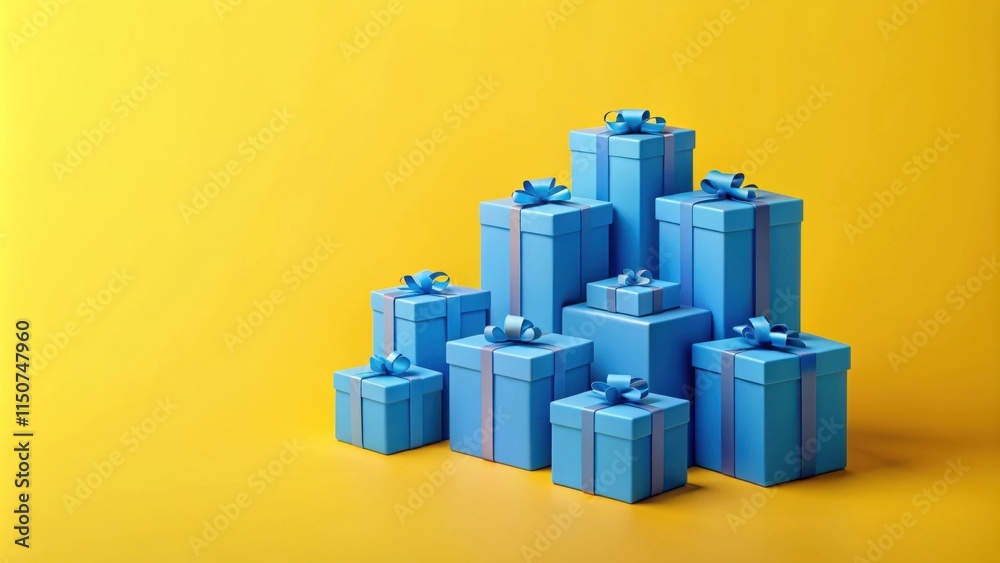 Naklejka premium A festive arrangement of blue gift boxes with vibrant ribbons on a cheerful yellow background.