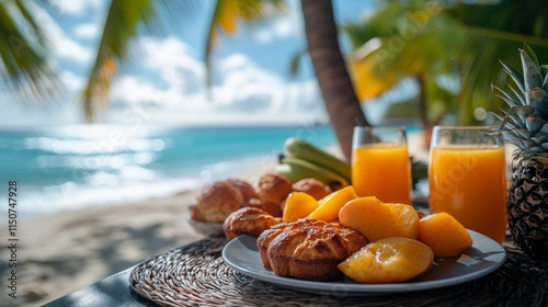 Enjoying a refreshing breakfast by the beach with tropical fruits and juices ...