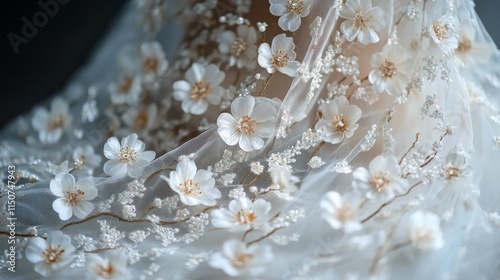 Elegant bridal gown adorned with delicate white flowers in a soft fabric setting