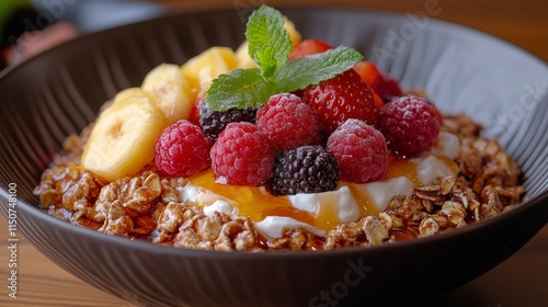 Delicious bowl of yogurt topped with fresh raspberries and blackberries in a ...